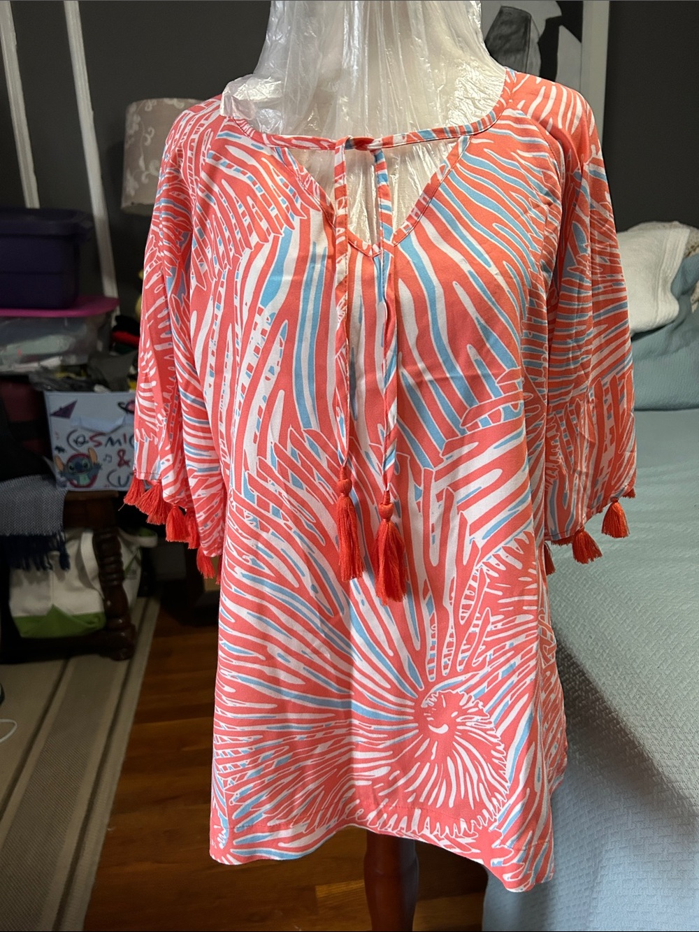 La Mer luxe Coral and Light Blue Tassel-Trimmed Printed Tunicsize small nwt